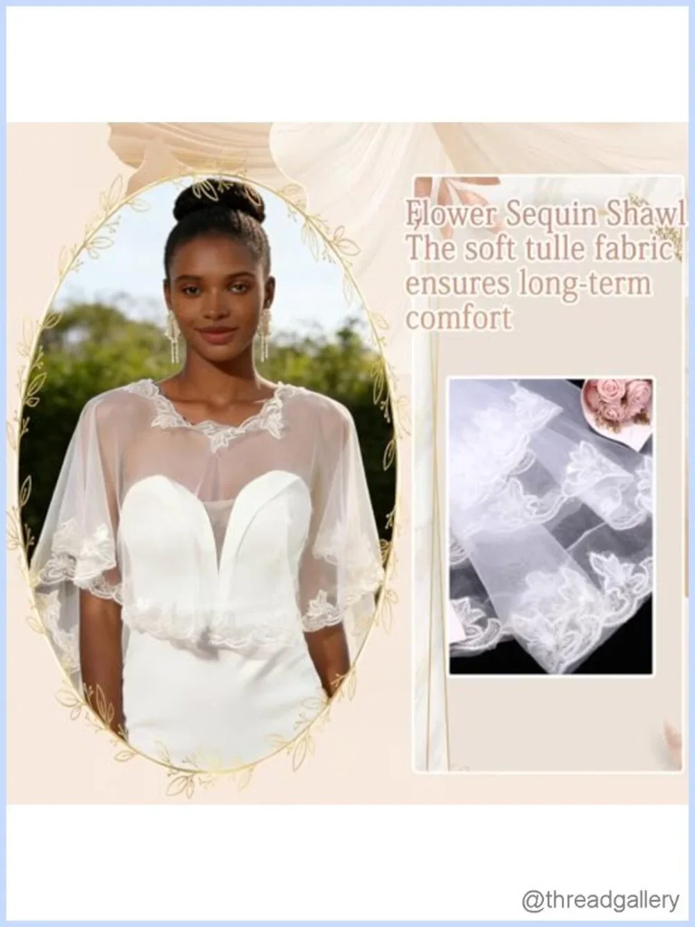 Lace Shawl Wrap Shrug Wedding White Flower Sequin Cape